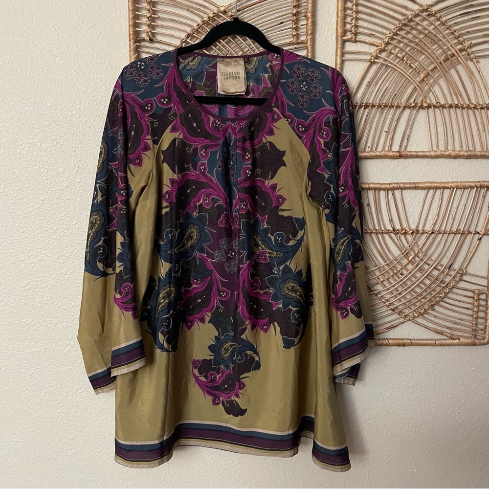 Twelve‎ Layers Boho Tunic Top Paisley Floral Kimono Sleeve Pockets Sz S READ B39